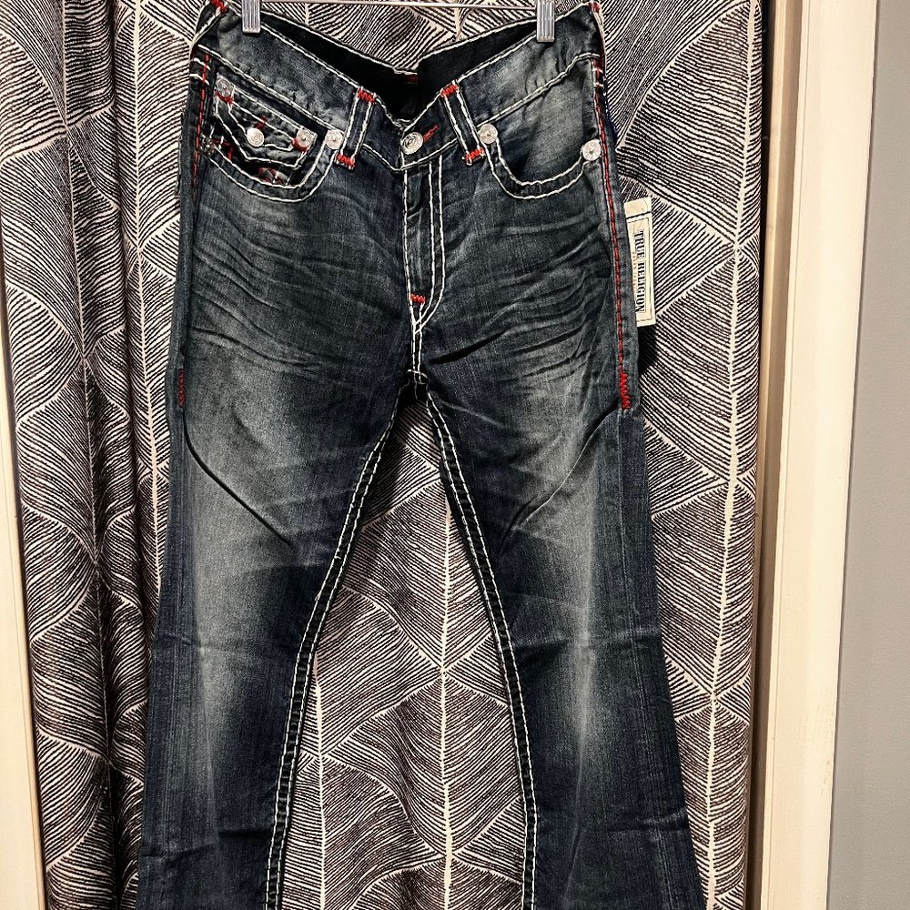 NWT True Religion Ricky Flap Straight Leg Super T Jeans/White Stitching/34